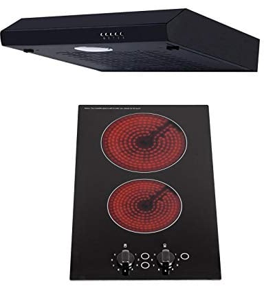 SIA 30cm Black 2 Zone Electric Domino Ceramic Hob & 60cm Visor Cooker Hood Fan
