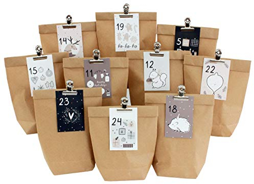 Papierdrachen DIY Adventskalender zum Befüllen - 24 Geschenktüten und 24 Visitenkarten mit Zahlen und Metall-Klammern - Rosa-blau - zum Selberbasteln - Weihnachten