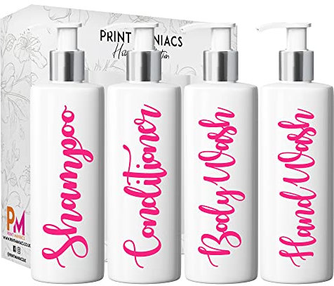 Print Maniacs White Mrs Hinch Inspired Personalised 500ml Pump Bottles Bathroom Lotion Kitchen Set Shampoo Conditioner ( Hand Wash Set ) (Pink)