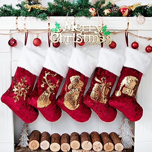 Beyond Your Thoughts Chaussette de Noël à Suspendre, Grand Bas de Noël y Mettre des Cadeaux et Bonbons Décoration de Noël Cheminée Sapin Idéal pour Famille, Rouge et Blanc, Lot de 5