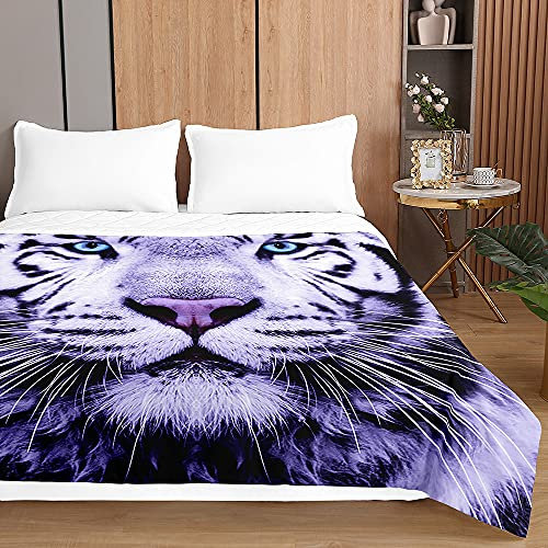 Surwin Tagesdecke Bettüberwurf Steppdecke für Doppelbett Einzelbett, Mikrofaser Wattiert Gesteppt Bettdecke 3D-Tiger Dünne Tagesdecken mit Ultraschall genäht (Weißer Tiger,150x200cm)