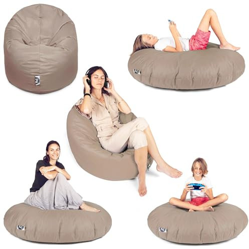 PATCH HOME Patchhome Sitzsack 2 in 1 Sitzkissen Bodenkissen für Erwachsene & Kinder - Gaming mit Füllung Kissen Sessel BeanBag (Ø 145cm, Beige)