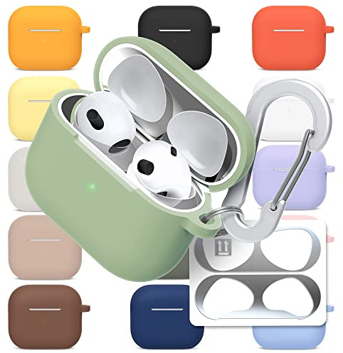 superdivision Silicone Case Cover Compatible with Apple AirPods 3 (2021), 3-in-1 Accessory Kit with Anti-Dust Metal Guard Film and Carabiner Keyring, Shockproof Protective Skin (Artichoke)