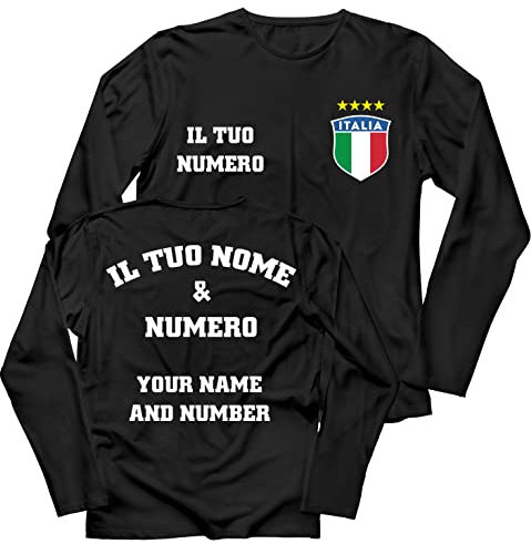 lepni.me Mens Personalised Long Sleeve Football Jersey Italy T-Shirt| Your Name and Number | Italian Flag Badge | Football Championship (3XL Black Multi Color)