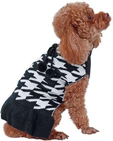 CuteBone Hundepullover-Kleid mit Hahnentritt-Muster, gestrickt, mit Craft-Pom-Pom-Ball-Pullover, Rüschenkleid für kleine Hunde DS44XL-DE