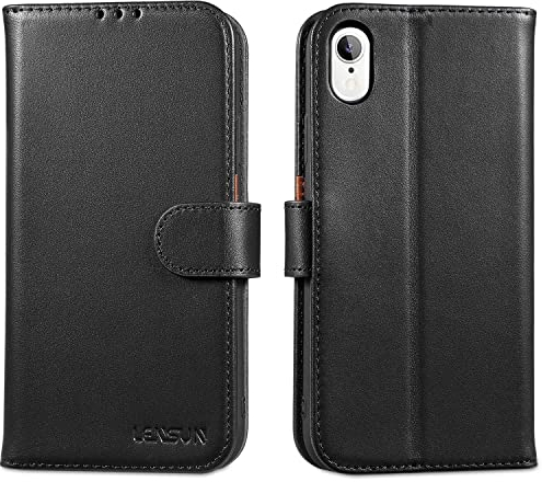 LENSUN Echtleder Hülle für iPhone XR, Handyhülle [Echtes Leder][Standfunktion][RFID Schutz] Handytasche Lederhülle Klappbar Kompatibel mit iPhone XR - Schwarz