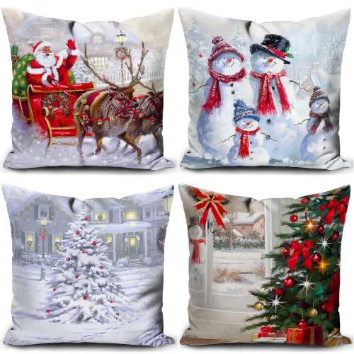 KUNQIAN Christmas Cushion Covers Xmas Cushions Santa Claus Snowman Silver White Winter Pillow Cover 18x18 Inch Set of 4 Throw Pillow Case Christmas Decorative For Sofa Living Room Home Linen Square
