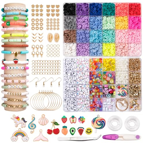 RUBY Perlen zum Auffädeln 24 Farben Perlen Set, Mini Glasperlen mit Smiley und Buchstaben Perlen Selber Machen Armbänder Charm Kit für DIY Armband Schmuckherstellung Kit (bunt)