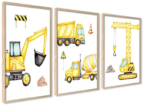 ag.art deco 3er Kinderzimmer Poster Set | 3 Stück A4 21x30cm | Gelb Kran Bagger Wagen Betonmischer Baustelle | Mädchen und Junge Bilderset | ohne Rahmen
