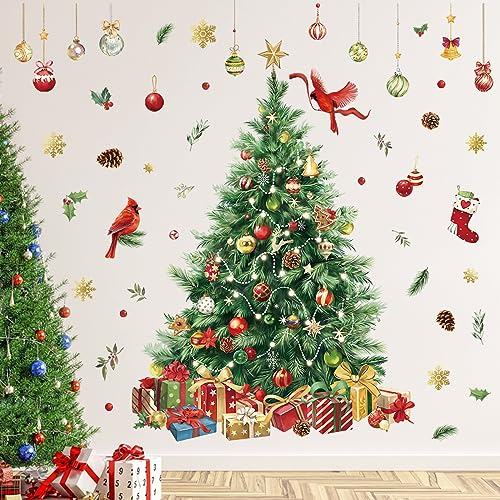 decalmile Weihnachten Fenster Wandtattoo Weihnachtsbaum Große Wandaufkleber Baum Aquarell Fensteraufkleber Schneeflocken Kardinal Vogel Schaufenster Glas Tür Party Weihnachtsdeko