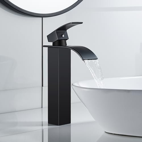 ROVOGO Waterfall High Rise Black Basin Mixer Taps, Square Monobloc Basin Tap, Single Handle Bathroom Sink Mixer Tap