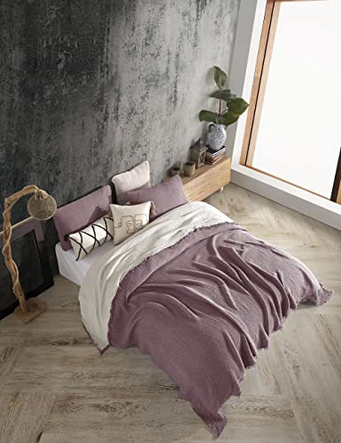 DestinyHomeTex Tagesdecke aus Bio-Baumwolle, 4-lagig, Musselin, Queen-Size-Bett, leichte Oberschicht, zweifarbig, ultraweich und atmungsaktiv, kein Bügeln erforderlich, vorgewaschen (Flieder und Beige