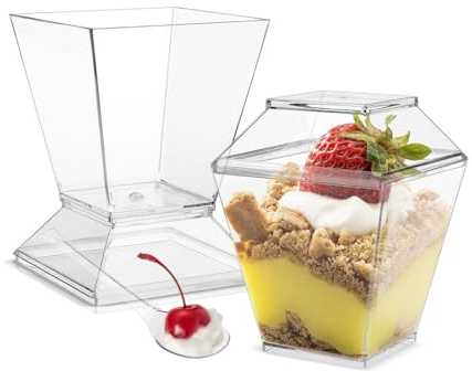 VIVIIHOO Lot de 50 verres à dessert avec couvercle, 50 bols à dessert en plastique, réutilisables, pour pudding, mousse, fête, avec cuillères – Lot de tasses à dessert carrées transparentes