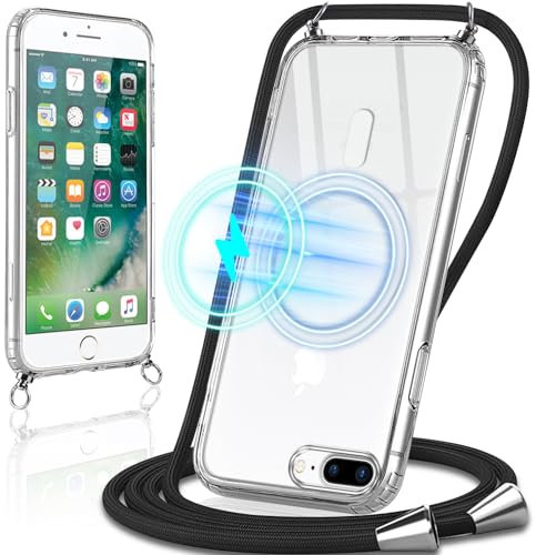 Oelrstfe Coque Magnétique pour iPhone 8 Plus/iPhone 7 Plus avec Cordon, Compatible avec MagSafe, Ultra Mince Transparente Silicone Housse avec Collier, Antichoc Étui pour iPhone 8 Plus, Transparente
