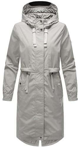 Navahoo Damen Leichter Übergangsmantel Kurzmantel lang mit Verstellbarer Kapuze Silberperlee Silver Grey Gr. XL