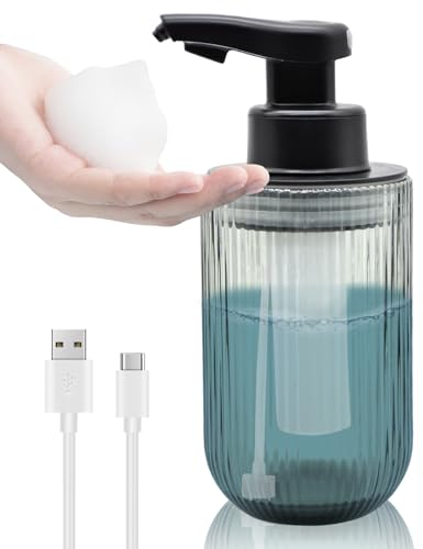Automatic Touchless Grey Glass Foam Soap Dispenser, Rechargeable Hands Free Ribbed Foaming Soap Dispenser with Chrome-Finished Electric Sensor Pump, Refillable Soap Bottle for Bathroom and Kitchen