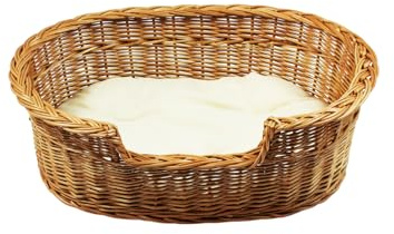 Damian-Wiklina Hundebett – Katzenbett – Hundeliege – Katzenliege – Katzenkorb – Hundekorb aus Weide – Hundekörbchen – BTH 51x34x12/16 cm – mit Ecri-Kissen
