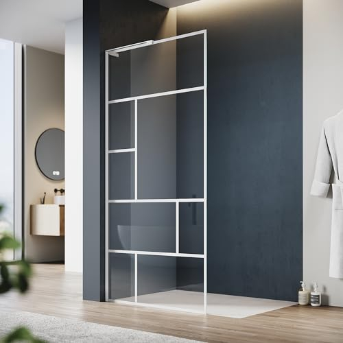SONNI Paroi de douche 100 x 200 cm - Cadre blanc en acier inoxydable - Support en forme de L - Largeur réglable - 6 mm - Verre de sécurité ESG Nano - Montage à gauche ou à droite
