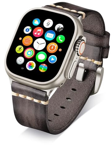 BINLUN Correa de Cuero Compatible con Apple Watch Correas 49mm Vintage Pulsera de Repuesto Ideal para iWatch Series Ultra3/Ultra2/Ultra (Gris/Hebilla Titanio)