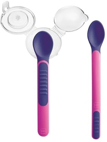MAM Set de Cucharas Termosensibles con Tapa Protectora, Rosa, 2 uds | Puntas Termosensibles, Suaves y Delicadas para el Paladar y Encías, Ayudan en la Transición a comer de forma independiente