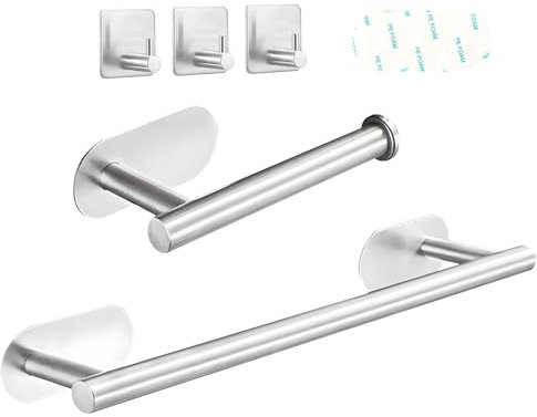 GULINO Juego Accesorios Baño 5 Piezas Acero Inoxidable, Kit Accesorios para baño, Toalleros de Baño sin Taladro, Accesorios de baño, Juego Baño Accesorios, Kit de Accesorios baño Toallero (Plateado)