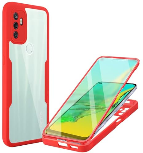 ILING Transparente Hülle für Oppo A53S / Oppo A53, 360-Grad-Ganzkörper Stoßfest Schutzhülle mit Eingebauter Displayschutz, Ultra Dünn Harte PC Silikon TPU Handyhülle (Rot)