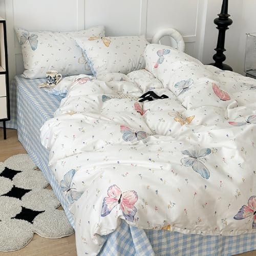 Lanqinglv Bettwäsche 135x200 4teilig Mädchen Kinder Blau Weiß Schmetterling Bettwäsche aus Microfaser,ÖKO-TEX Bettwäsche Set Blumen Bettbezug mit Reißverschluss und 2 Kissenbezug 80x80 cm