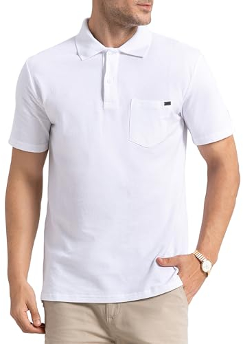 Poloshirt Herren Kurzarm 100% Baumwolle Polohemd mit Brusttasche Golf Polo Shirt T Shirt Männer Sommer Regular Fit S-3XL, Weiß M