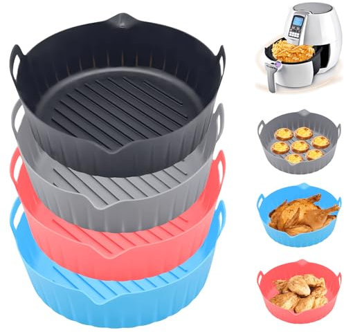 LYKEJI 2 pezzi friggitrice ad aria da 22 cm teglia in silicone cestello per friggitrice ad aria riutilizzabile per 6-8 QT senza BPA e lavabile in lavastoviglie (Rotondo-Grigio+Nero+Blu+Rosso)