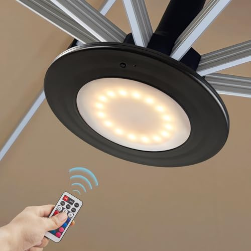 Powfloven LED Patio Umbrella Lights with Remote, Black Portable Rechargeable Battery Cantilever Umbrella Light with 3 Brightness Mode, 12 Color Dimmable for Patio Umbrellas, Camping Tents, Outdoor Use