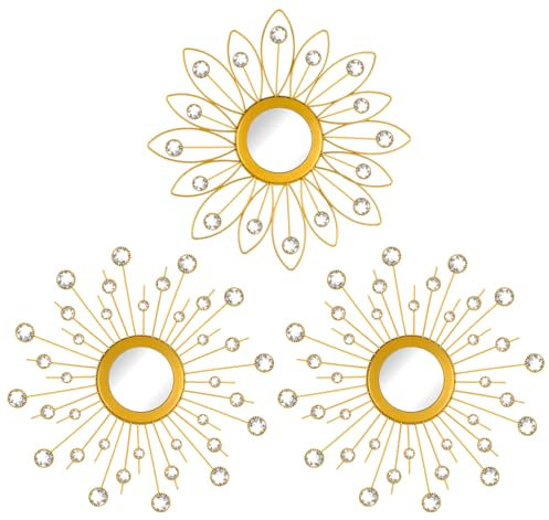 Wlicon 3 Pack Kristall Sunburst Wandspiegel Dekor Strass Spiegel Sunburst Wandspiegel Dekorative Home Hängende Wandkunst für Wohnzimmer Schlafzimmer Eingang (Gold, Sunburst)