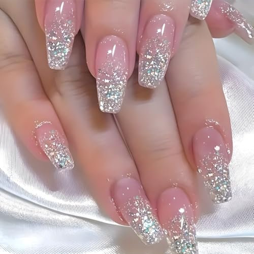 Adesivi per unghie, Ballerina Pink Ombre Jelly Silver Glitter Unghie finte, Unghie artificiali con colla per unghie, Unghie artificiali con glitter rosa naturale