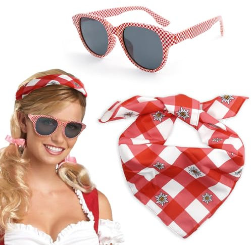 Leeelyan Oktoberfest Halstuch Rot-Weiß Kariert, Rot Trachtentuch Kariert Halstuch, Rot-Weiß Kariert Brille, Kann als Halstuch, Bandana oder Armbinde für Oktoberfest-Mottopartys verwendet werden