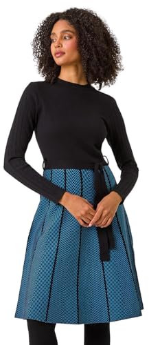 Roman Originals Chevron Print Belted Jumper Dress for Women UK - Ladies Everyday Autumn Winter Round Neckline Comfy Soft Evening Vacation Work Party Night Out - Blue - Size 20