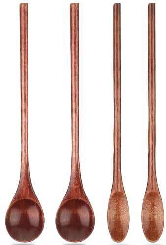 4 Pcs Honey Spoon, Wooden Spoon for Honey, Wooden Tea Spoon, Wooden Teaspoons,Coffee Spoons, Cocktail Spoon, with Long Handle for Mixing, Stirring, Eating(Two Styles)