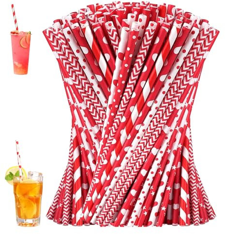 Pajitas de Papel, 300 Piezas de Pajitas de Papel de Colores, Pajas de Beber Reciclables para Beber, Bebidas Frías y Calientes para Fiestas, Bodas y Todas las Ocasiones (rojo)