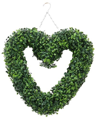 Stibzeup Boxwood Wreath, 16.5 Inch Heart-Shape Artificial Green Wreaths for Front Door, Hanging Summer Door Wreath, Front Wreaths for Summer, Party, Home, Wall, Wedding