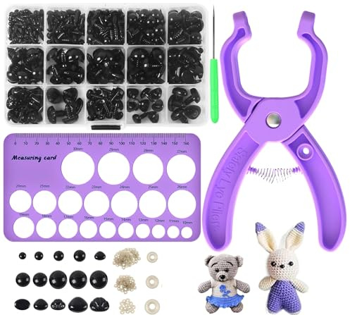 Sicherheitsaugen-Werkzeugset für Häkeltiere,566 Stk. Sicherheitsaugen & Nasen 10-30mm,Zange,Sizer-Karte & Häkelzubehör für Amigurumi,Puppenaugen,Knopfaugen & Kuscheltier Augen,DIY Bastelset Anbringen
