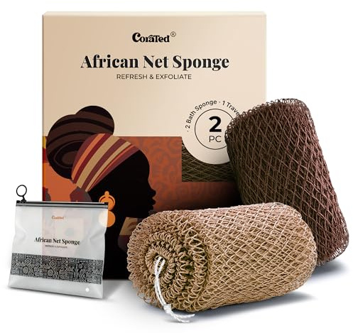 CORATED 2 Pièces de Filet à Bain Africain, Eponge à Bain pour l'Exfoliation du Corps, Gant à Exfolier le Dos – Produits de Nettoyage Beauté pour la Douche/SPA (Lin et Marron)