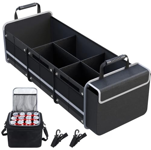 Refein XXL Car Boot Organiser with Cooler Bag Expandable Car Boot Tidy | Van Storage Box for Camping Accessories Collapsible Compartment Car Seat Organiser for Trunk Ford Jeep SUV Most Vehicles