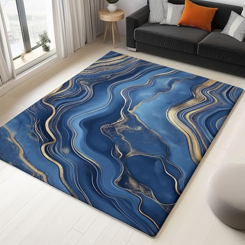 Generisch Waschbarer Teppich 100 x 150 cm mit Blauer Achat Textur Muster, Groß rutschfest Läufer, Weicher Kurzflor Teppich für Wohnzimmer Schlafzimmer Esszimmer Büro, Blau