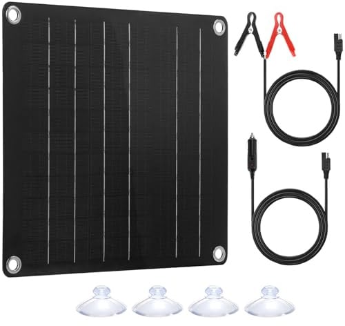 QWORK® Cargador de Batería Solar 12V 10W para Coche con Clips de Cocodrilo, Carga de Goteo con Panel Solar para Emergencias y Ahorro de Energía