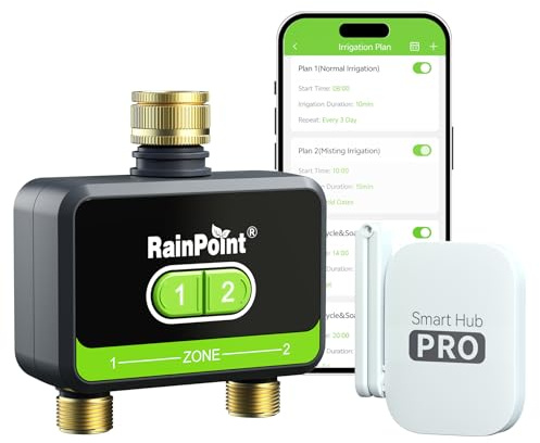RAINPOINT Timer Irrigazione 2 uscite, ingresso e uscita in ottone, Centralina Irrigazione per irrigazione giardino con app/controllo vocale Alexa, ritardo della pioggia/controllo manuale/automatico