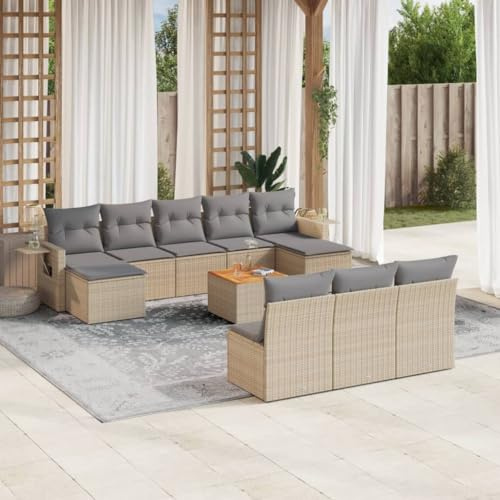 QJBSAVVA 11-TLG. Rattan-Sitzgruppe 55x55 cm, Poly-Rattan Balkonset mit Akazienholzplatte, modularer Garten-Lounge