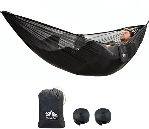 Night Cat Camping Hängematte Outdoor: Ultraleichtes Hammock XXL Für 1 Person Leicht Kleinem Packmaß für Reise Garten und Wald