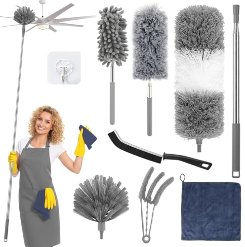 Plumero Telescopico Extensible, Extensible 2,5 m, Kit Limpieza 9 Piezas con Mango Extensible, Atrapapolvo Microfibra Lavable y Reutilizable, para Techos, Ventiladores, Telarañas, Persianas y Ventanas
