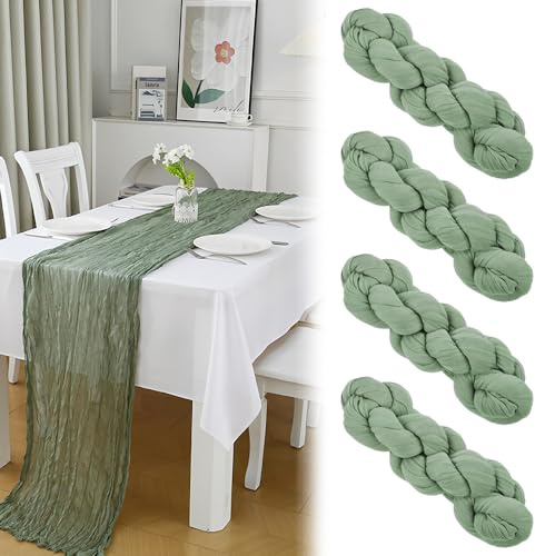 4 Stück Käsetuch Tischläufer Salbeigrün, 90x300cm Boho Gaze Tischläufer, Eukalyptusgrün Cheesecloth Läufer, für Hochzeitsdeko Gartenparty, Babyparty, Brautparty, Geburtstag Deko und Tischdeko