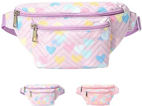 AUNGCSHE Bauchtasche Mädchen, Bauchtasche Herzchen Druck Gürteltasche Damen, Mädchen 2 Reißverschluss Fächern Verstellbarem Bund Hüfttasche Mädchen für Festival,Party,Sport(Lila)