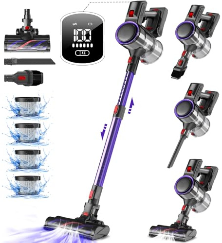 Authmic Akku Staubsauger Kabellos, 45000Pa Kabelloser Staubsauger mit Touchscreen, 50Mins, 1.6L, H13 HEPA, Anti-Tangle-Bürste, für Hartböden/Teppich/Tierhaare, Dunkelviolett