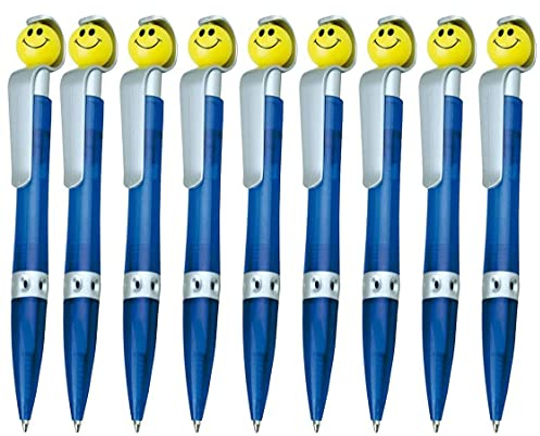 WPRO Kugelschreiber-Set „Sunny“ 9 Stück Blau – Smiley-Druckknopf & Clipmechanik, Langlebiges Kunststoffgehäuse, Perfekt als Mitgebsel Kindergeburtstag & Partygeschenk